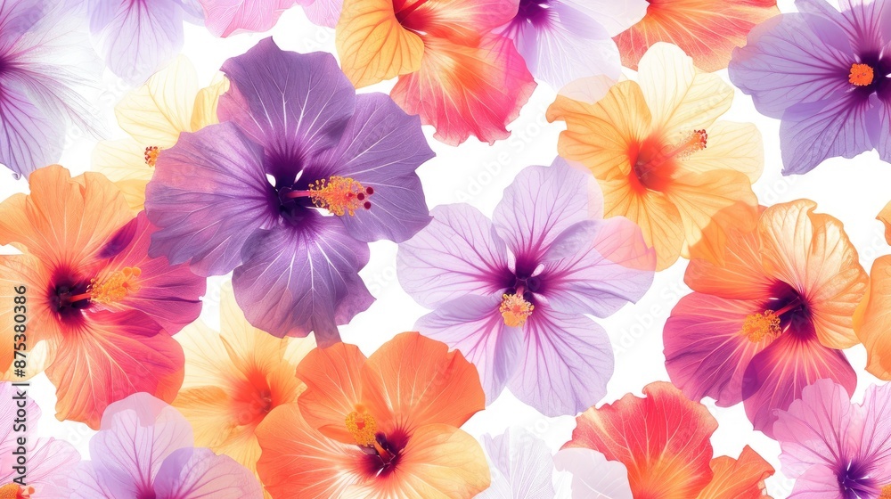 Tropical floral pattern with white background and space for text Various hibiscus flowers in orange purple and pink hues Tropical floral pattern with white background and space for text Various hibiscus flowers in orange purple and pink hues