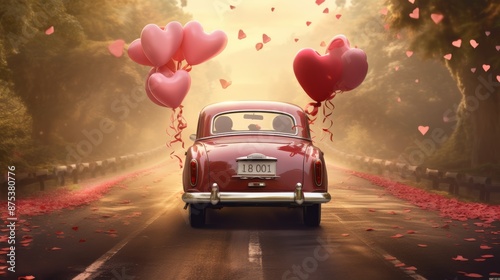 Newlyweds driving away in a decorated car, just married sign and ribbons photo