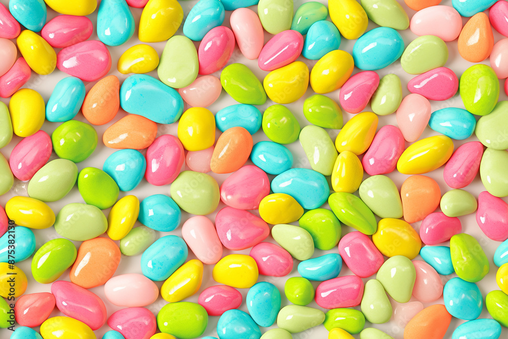 Bright and colorful seamless pattern with glossy, irregularly shaped candies in vibrant pastel hues of pink, blue, yellow, and green. Bright and colorful seamless pattern with glossy, irregularly shaped candies in vibrant pastel hues of pink, blue, yellow, and green.