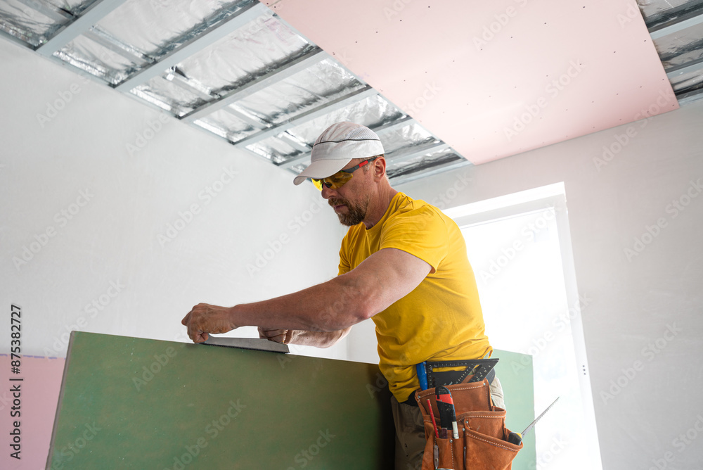 The worker make a plasterboard ceiling. He doing adjust the edge of the board with a gypsum board planer. A red plasterboard improve the fire resistance of ceiling structures. The worker make a plasterboard ceiling. He doing adjust the edge of the board with a gypsum board planer. A red plasterboard improve the fire resistance of ceiling structures.