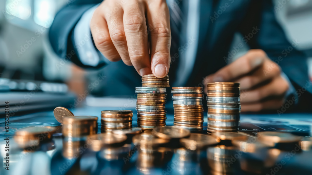 Close-up Of Businessman Hand Put Coins To Stack Of Coins Close-up Of Businessman Hand Put Coins To Stack Of Coins
