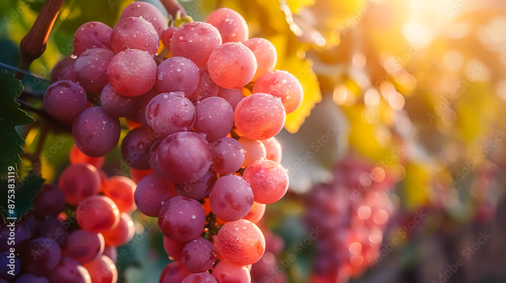 In a sun drenched vineyard, vibrant clusters of ripe grapes hang from the vines, The rich and plump fruits of summer In a sun drenched vineyard, vibrant clusters of ripe grapes hang from the vines, The rich and plump fruits of summer