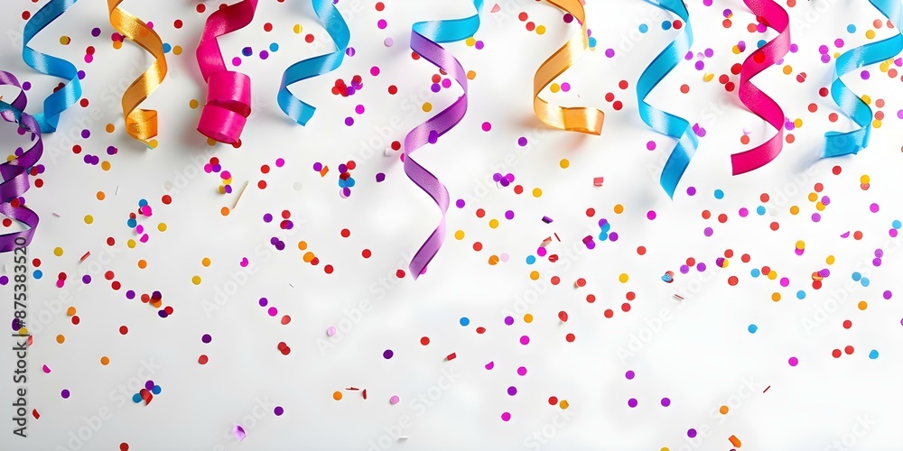 Fototapeta premium Colorful confetti and streamers on white background for festive celebration concept. Concept Celebration Photoshoot, Festive Props, Colorful Streamers, Confetti, White Background