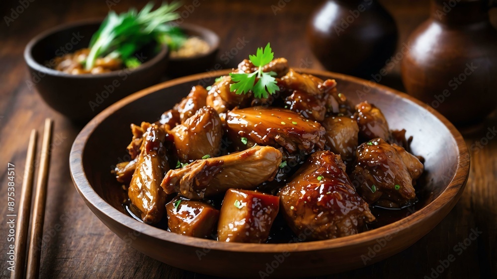 adobo chicken or pork braised in vinegar soy sauce ga served aesthetically in a wooden plate and table adobo chicken or pork braised in vinegar soy sauce ga served aesthetically in a wooden plate and table