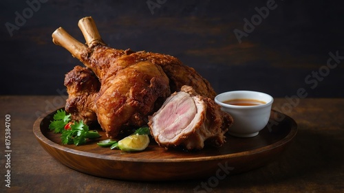 crispy pata deepfried pork leg or knuckle until crisp served aesthetically in a wooden plate and table photo