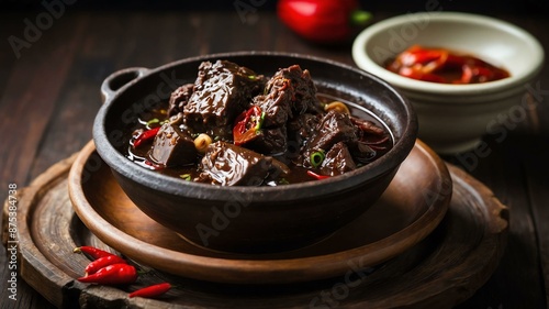 dinuguan pork blood stew flavored with vinegar garlic served aesthetically in a wooden plate and table photo