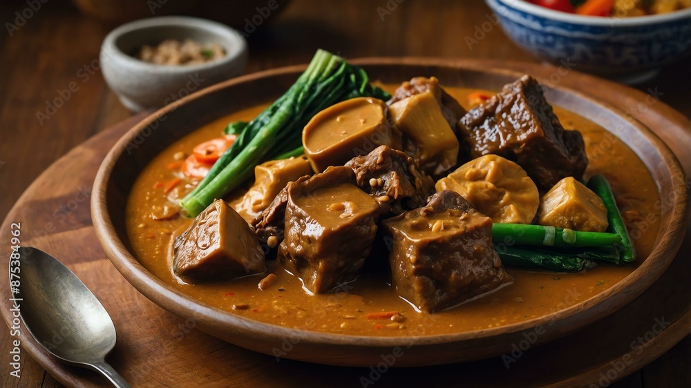 karekare oxtail stew with a rich peanut sauce served aesthetically in a wooden plate and table karekare oxtail stew with a rich peanut sauce served aesthetically in a wooden plate and table