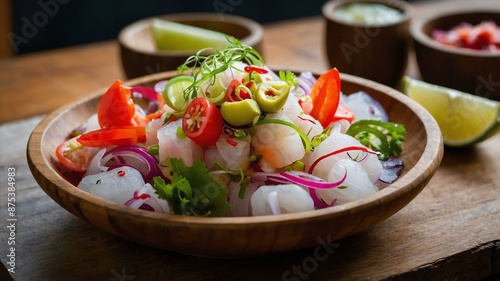 kinilaw filipino ceviche made with raw fish or seafoo served aesthetically in a wooden plate and table