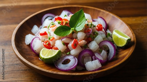 kinilaw filipino ceviche made with raw fish or seafoo served aesthetically in a wooden plate and table photo