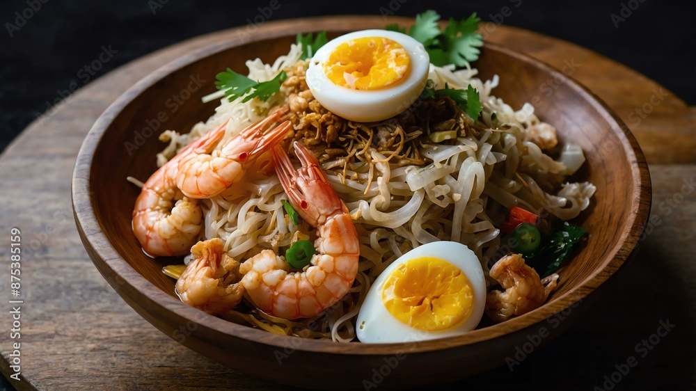 pancit luglug thick rice noodles in a savory shrimp s served aesthetically in a wooden plate and table pancit luglug thick rice noodles in a savory shrimp s served aesthetically in a wooden plate and table