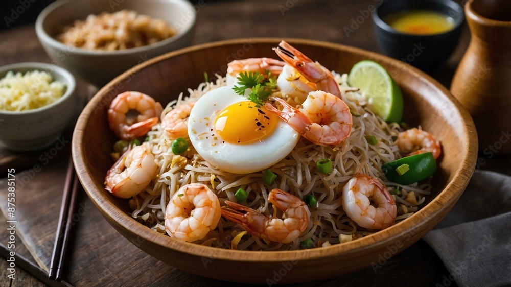 pancit luglug thick rice noodles in a savory shrimp s served aesthetically in a wooden plate and table pancit luglug thick rice noodles in a savory shrimp s served aesthetically in a wooden plate and table