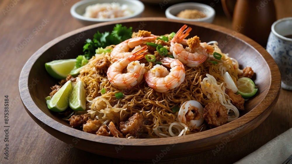 pancit malabon thick rice noodles stirfried with shri served aesthetically in a wooden plate and table pancit malabon thick rice noodles stirfried with shri served aesthetically in a wooden plate and table