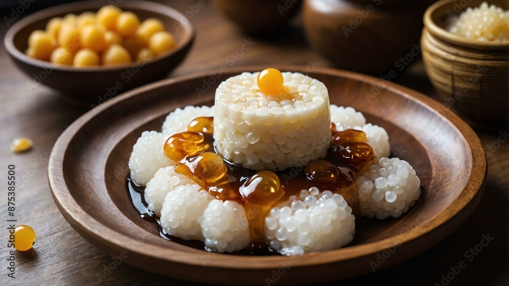 tah soft tofu served aesthetically in a wooden plate and table tah soft tofu served aesthetically in a wooden plate and table