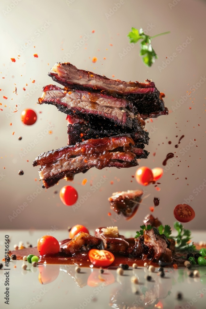 mouth watering Texas Barbecue flying in air mouth watering Texas Barbecue flying in air