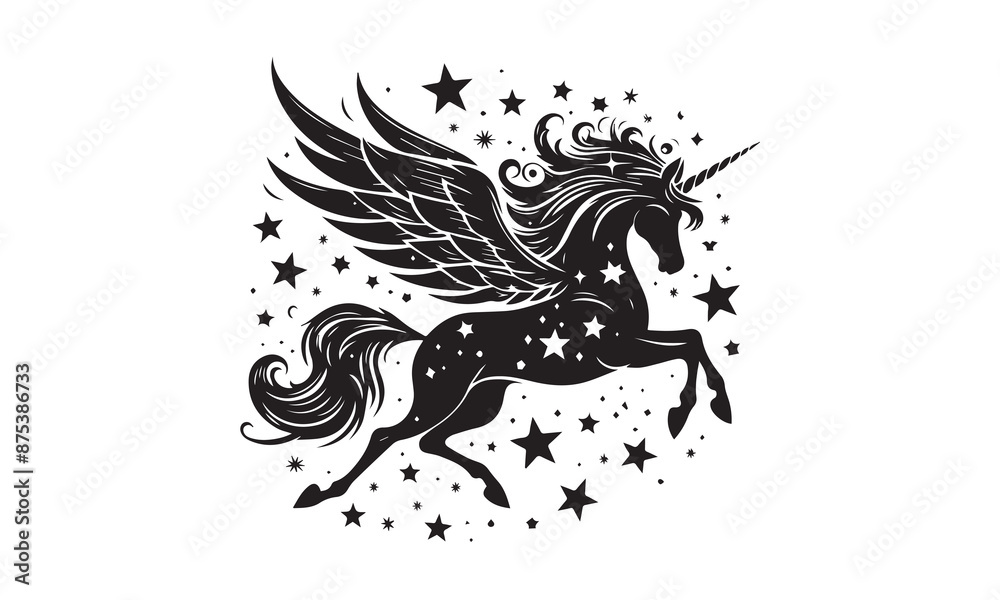 unicorn, silhouette logo, Silhouette of a flying unicorn, Unicorn head circle tattoo illustration, horses tattoo. Black unicorn silhouette vector style and white background