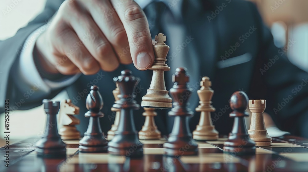 A man in a suit is playing chess and is about to move a piece. Generate AI image A man in a suit is playing chess and is about to move a piece. Generate AI image
