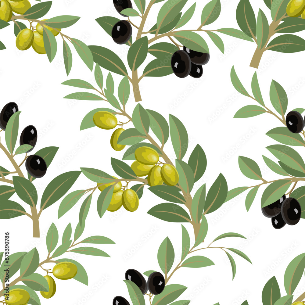 Branches with olives in a pattern.Colored pattern with green and black olives on the branches. Branches with olives in a pattern.Colored pattern with green and black olives on the branches.