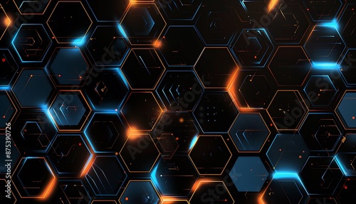 Black gradient background featuring glowing hexagons in blue and orange, digital technology style.