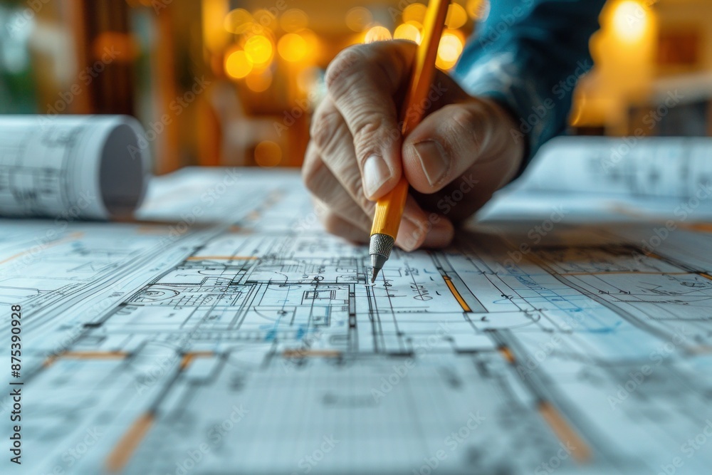 Architect Marking Blueprints for Home Renovation Project with Precision and Care Architect Marking Blueprints for Home Renovation Project with Precision and Care