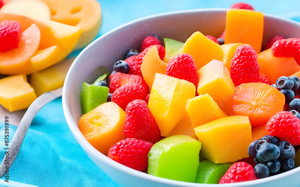 Close-up of a succulent fresh fruit salad, perfect for a healthy and balanced diet. Generated by AI Close-up of a succulent fresh fruit salad, perfect for a healthy and balanced diet. Generated by AI