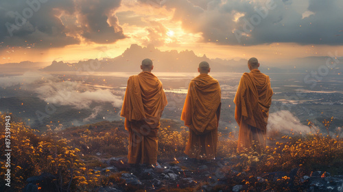 three Buddhist monks, standing looking at the horizon in nature,generative ai photo