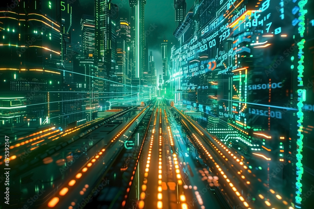Futuristic city with digital data streams Futuristic city with digital data streams
