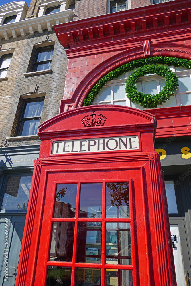 Fototapeta premium Famous red phone box infront of Leicester Square Station in Universal Studios, Orlando where Hogwarts Express is departing