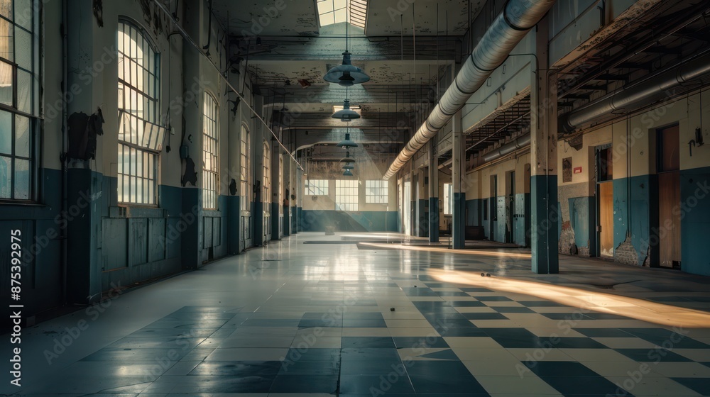 Obraz premium Abandoned industrial warehouse with sunlight streaming through windows.
