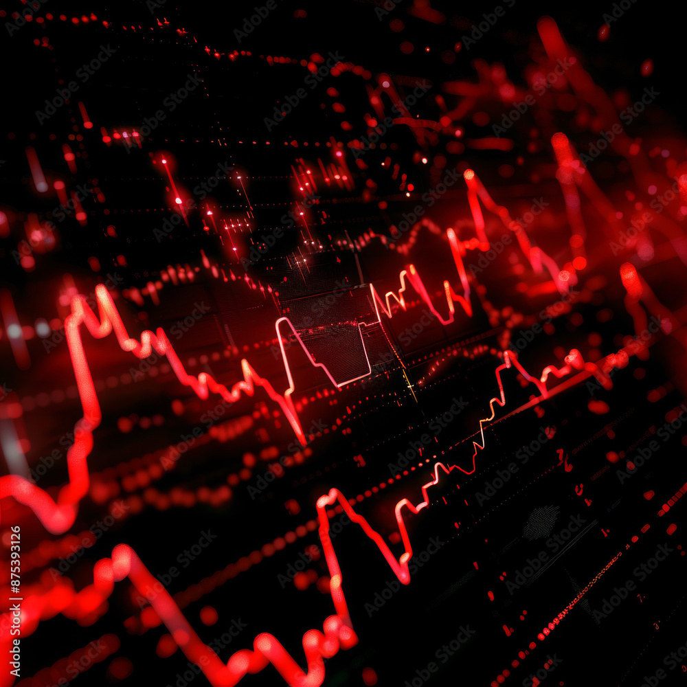 A falling red business graph grid on a black background. Concept of crisis, recession, and stock market decline. 3D rendering. A falling red business graph grid on a black background. Concept of crisis, recession, and stock market decline. 3D rendering.