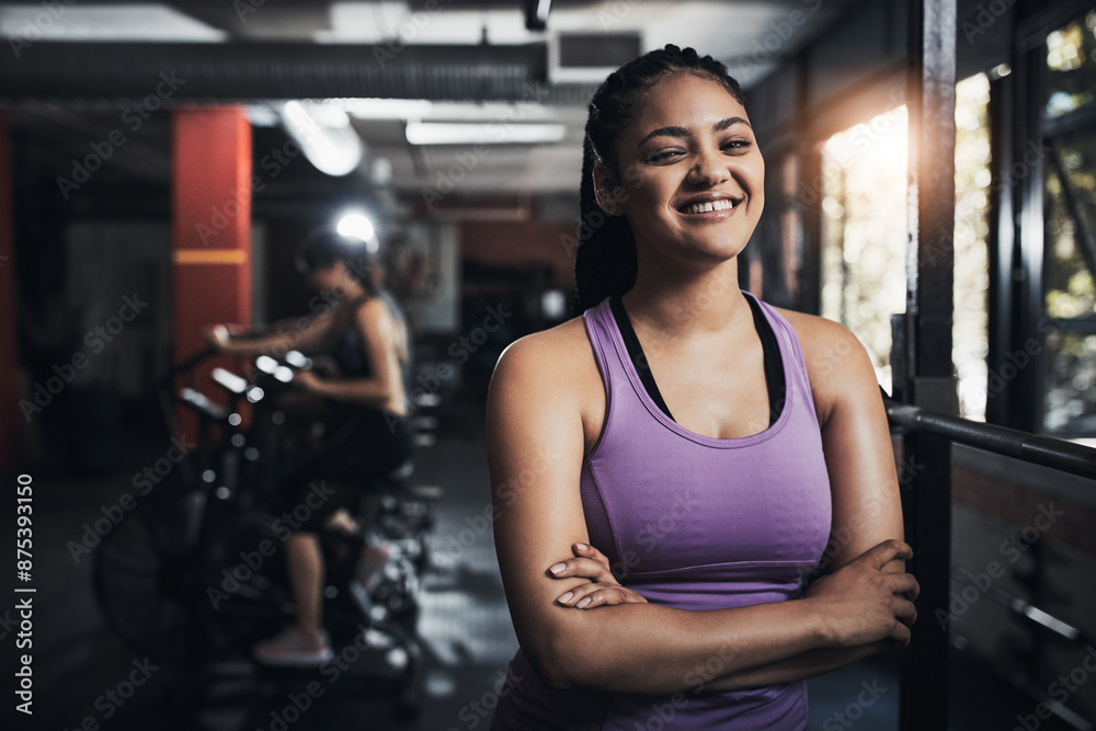 Girl, portrait and confident in gym for exercise, bodybuilding and personal training for health or muscle strength. Female person, arms crossed and proud for active living, fitness and cardio workout Girl, portrait and confident in gym for exercise, bodybuilding and personal training for health or muscle strength. Female person, arms crossed and proud for active living, fitness and cardio workout