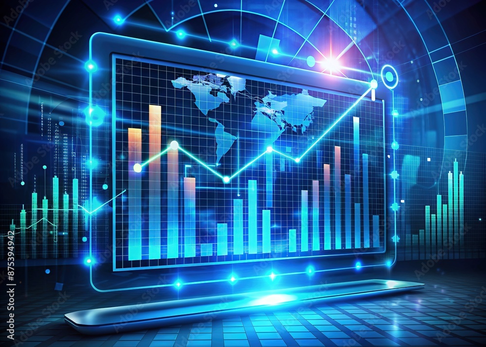 A futuristic dashboard displays a skyrocketing digital graph, surrounded by financial metrics and charts, indicating exponential growth and profitability, symbolizing business success. A futuristic dashboard displays a skyrocketing digital graph, surrounded by financial metrics and charts, indicating exponential growth and profitability, symbolizing business success.