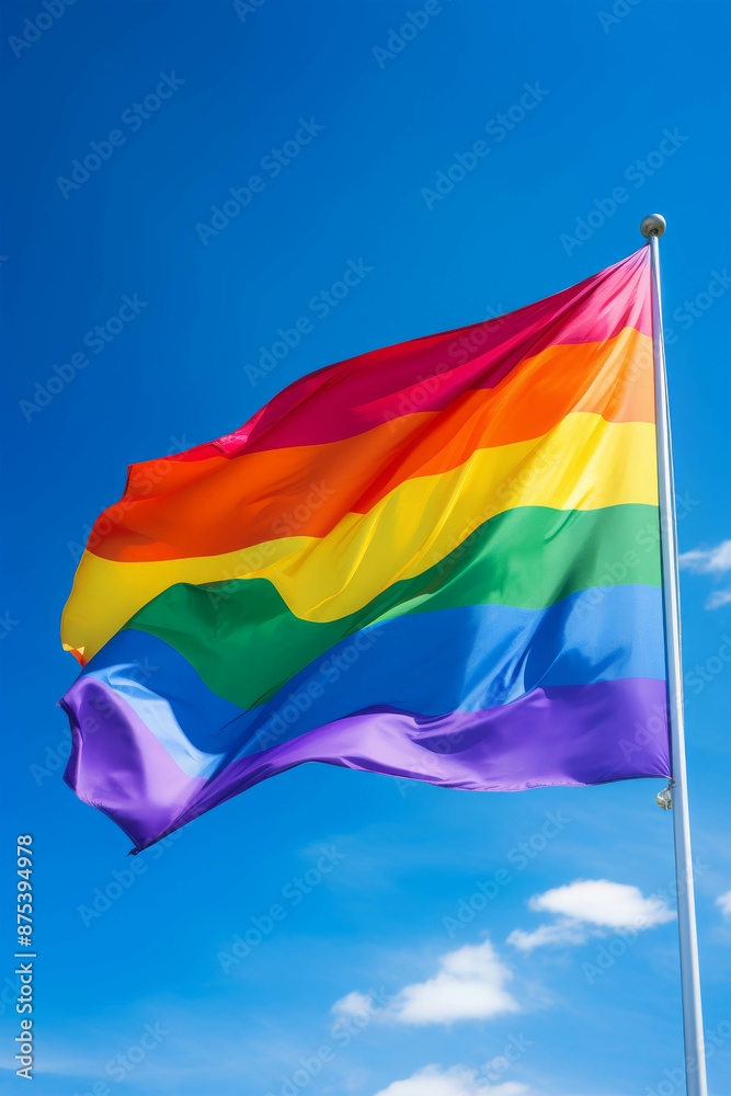 Bright and Vibrant Rainbow Flag Waving Proudly Against a Clear Blue Sky with Fluffy White Clouds Bright and Vibrant Rainbow Flag Waving Proudly Against a Clear Blue Sky with Fluffy White Clouds