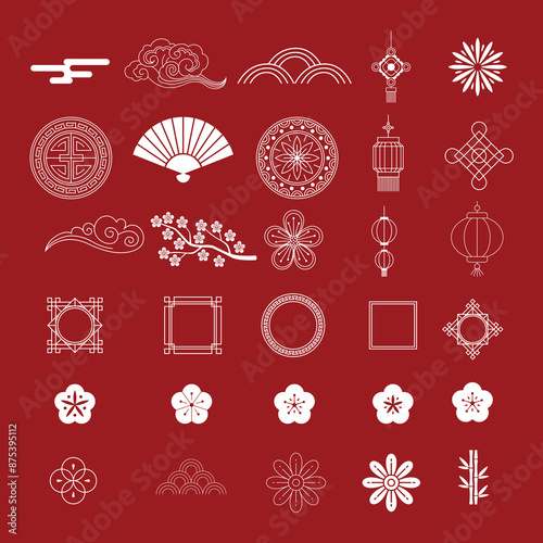 Chinese element collection. Vector decorative collection of patterns, frame, flowers , clouds and knotting in Chinese style