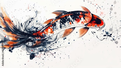 Vibrant watercolor painting of a koi fish with dynamic brush strokes and splashes, blending bold colors and abstract elements.