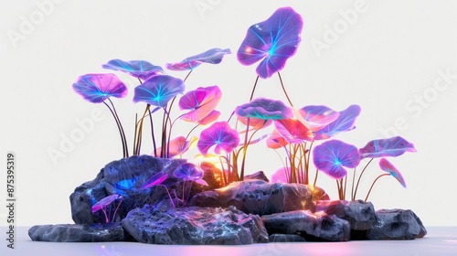 Vibrant, colorful futuristic glowing flowers in fantasy landscape with rock formations, emitting neon light, on white background.