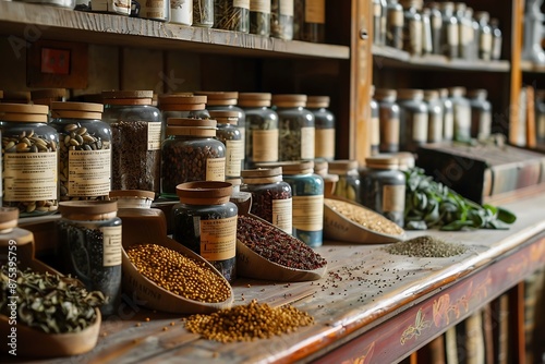 Fototapeta Naklejka Na Ścianę i Meble -  Spices and herbs in glass jars on wooden shelves in spice shop