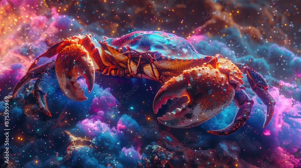 Vivid close-up of a lobster in a colorful, surreal space environment, blending marine life with cosmic elements in a fantasy art style.