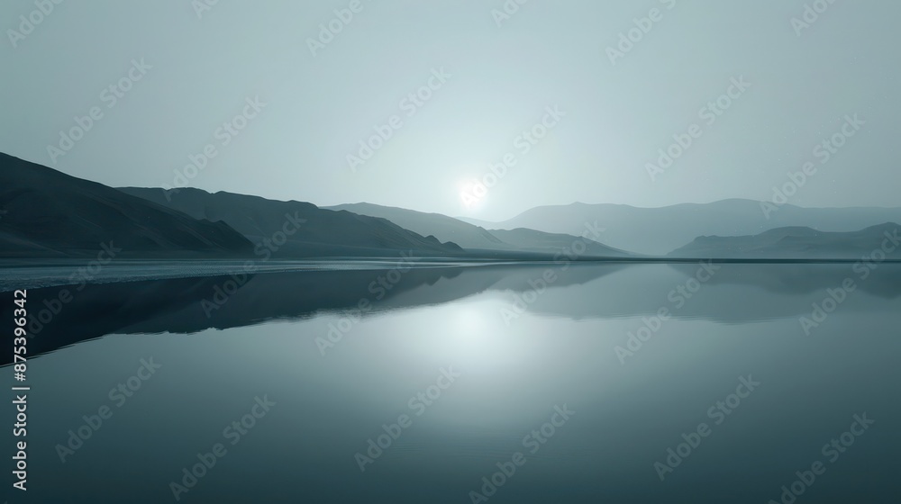 Serene sunrise over tranquil water with mountains in the background Serene sunrise over tranquil water with mountains in the background