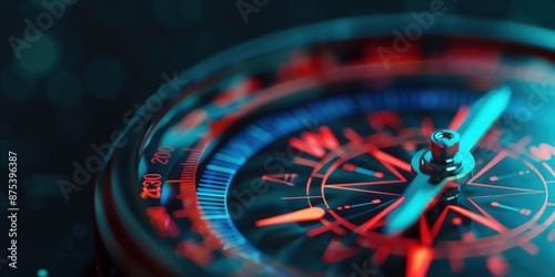 Close-up of a compass with a blue needle pointing north. photo