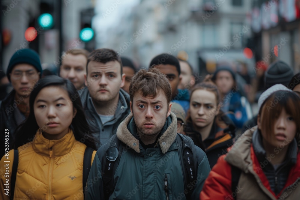 A diverse crowd of people on a city street, looking ahead with serious expressions. Traffic lights visible in the background. A diverse crowd of people on a city street, looking ahead with serious expressions. Traffic lights visible in the background.