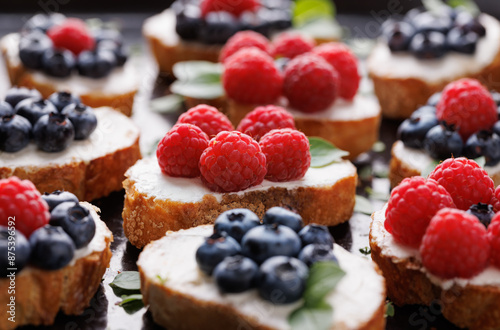 Berry fruits canes and cream cheese on a dark background, focus on toast with raspberries in the middle, close-up