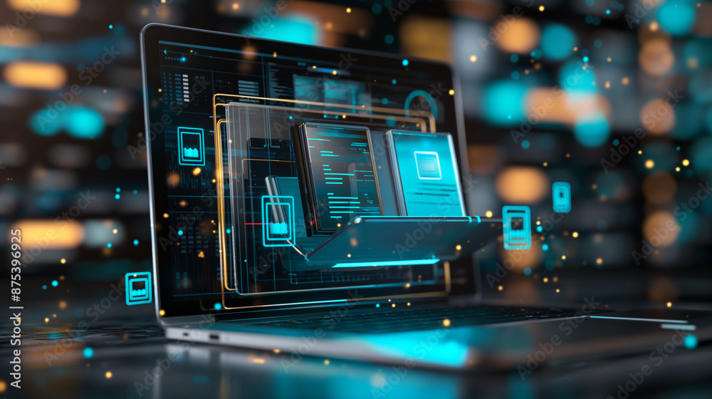 Document management system (DMS) technology, businessman use laptop with database folder online to store files document data digital. file storage process with security