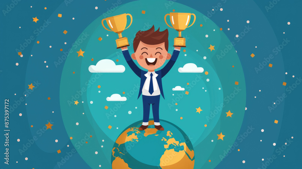 Naklejka premium A joyful cartoon person standing on a globe, holding two trophies with stars around, representing success, achievement, and victory.
