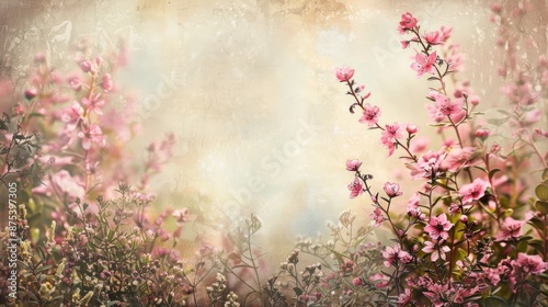 Pink wildflowers in spring with a vintage floral backdrop and space for text
