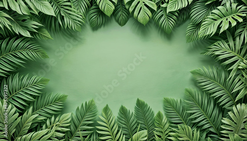 Tropical green leaves arranged on a green background - Generative AI