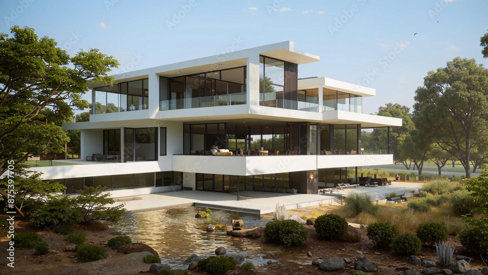 arafed modern house with a pond and a waterfall in the front yard arafed modern house with a pond and a waterfall in the front yard