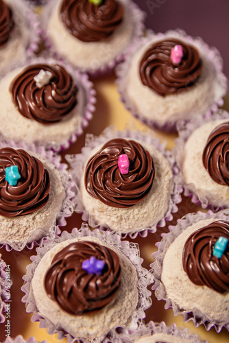 White brigadeiro with chocolate topping, party sweet