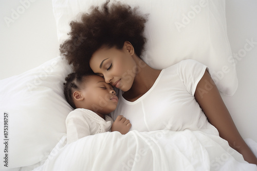 African American mom sleeping with her daughter in a white high key bed photographed from above