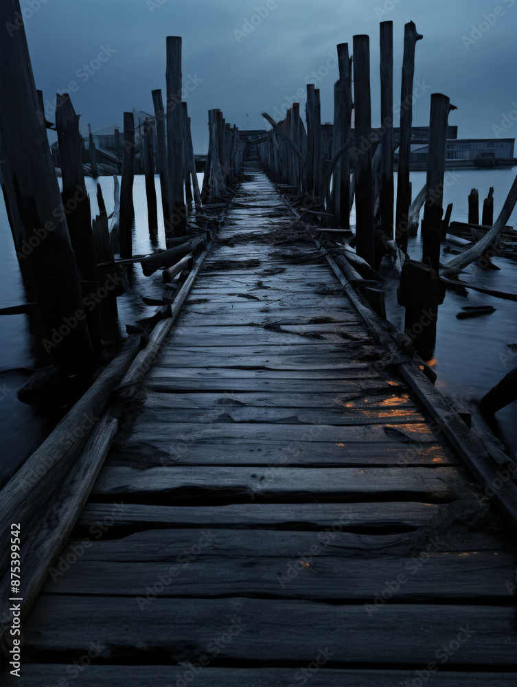 Fototapeta premium Atmospheric and Mysterious Old Wooden Pier Extending into a Foggy Lake Under a Dark and Gloomy Sky