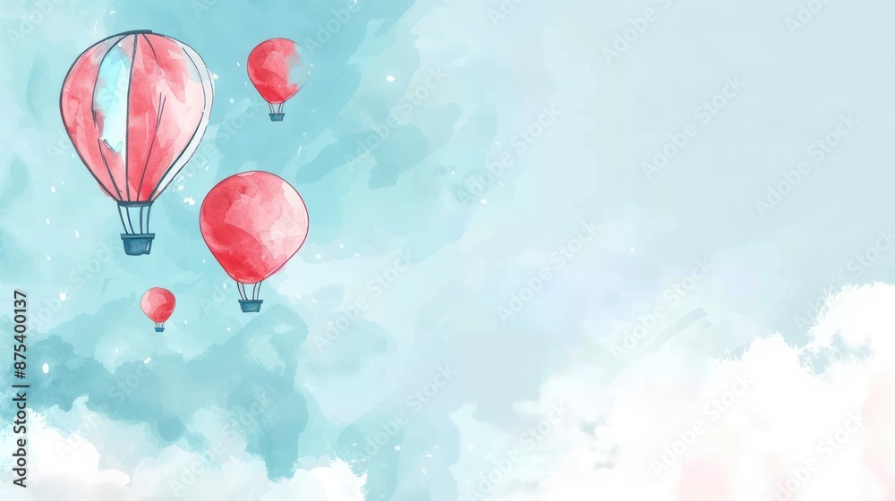 Obraz premium Watercolor hot air balloons floating across the sky with clouds.